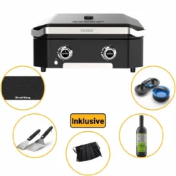 Cozze Plancha 600, 2 Brenner, 6,4kW Inkl. Druckminderer Und Schlauch, Gussplatte + Schickes Zubehör